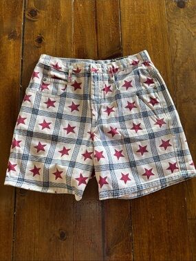 Vintage 80s High-Waist denim jeans Women's Plaid Shorts Red Blue Star Patriotic